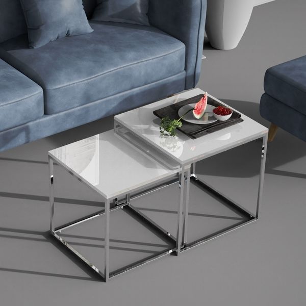 2er Set Design Beistelltisch MENTO 50cm weiss hochglanz Edelstahl-Gestell