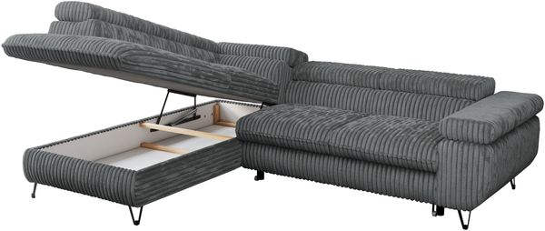 Mks Möbel 'Peter L-form' Ecksofa mit Bettfunktion, Bettkasten & einstellbaren Kopfstützen, Dunkelgrau, Cord, links Bild 5