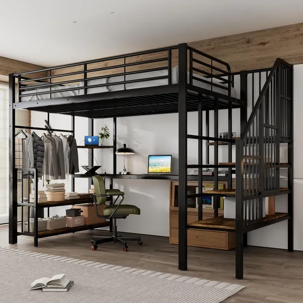 Hochbett mit Schreibtisch und Regal, 120x200 cm, Metallbett, Kinderbett mit Rausfallschutz, Mehrfachsteckdose und Treppe