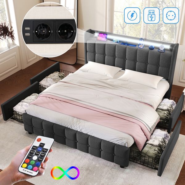 Einzelbett 160 × 200 cm mit Steckdosen,USB-Anschlüssen und LED-Beleuchtung,4 Schubladen,Leinenbezug in Grau