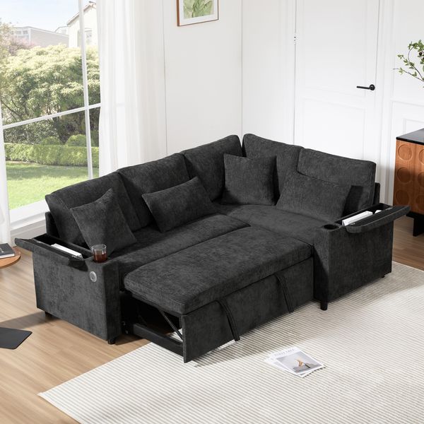 Ecksofa, L-förmiges ausziehbares Canapé Convertible mit Stauraum Becherhalter USB-Ladeanschluss Armlehnenablage und zwei Kissen Sofa für Wohnzimmer Gästezimmer Heimkino und Apartment, Stoff, Gray