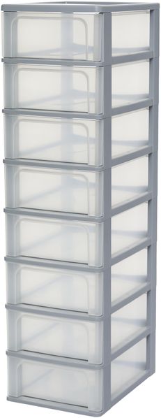 Iris Ohyama, Kunststoff Schubladenbox mit 8 flachen Schubladen, Grau, Easy-Pull-System, A4, A5 & A6 Format, Schreibtisch Organizer für Büro, Schule, Schreibwaren, BPA-frei, Schubladenschrank, OCH-2008