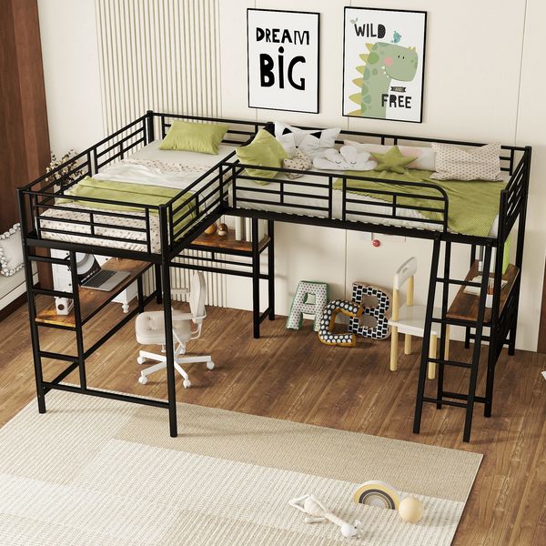 Hochbett 90×200 cm mit Schreibtisch und hohem Rausfallschutz, Schwarz, ohne Matratze