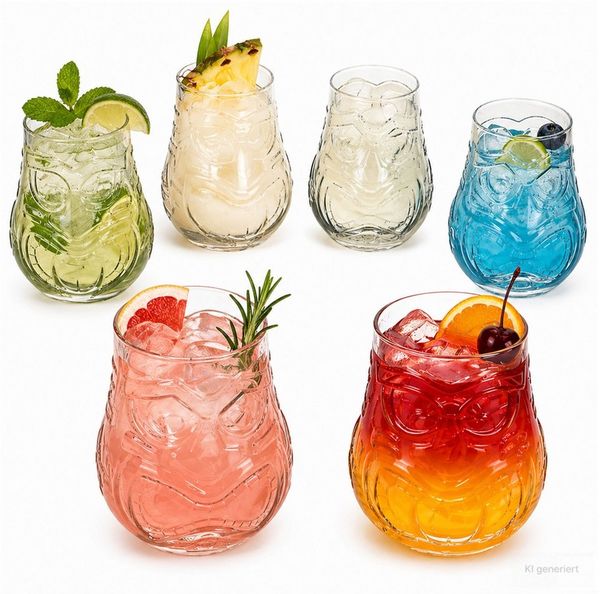 MamboCat Cocktailglas 6er Set Tiki Cocktailgläser Trinkgläser mit Tiki Dekor Longdrinkglas, Glas