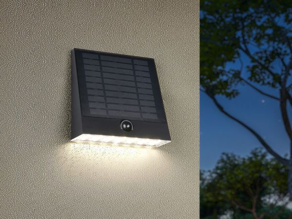 Solar Außenwandleuchte ALVORADA auch per USB aufladbar mit Bewegungsmelder
