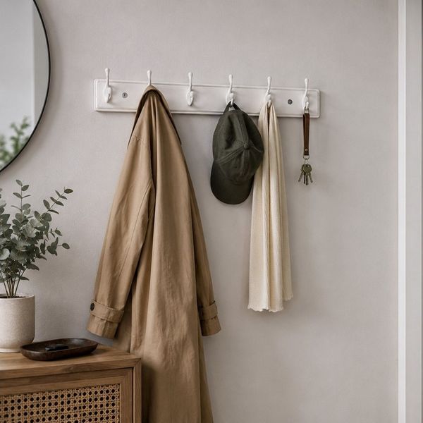 HOOZ Garderobenleiste Bambus – Wandgarderobe mit Metallhaken Weiß, 6 Haken Weiß 74 cm (Einzelartikel, 1 Wandhakenleiste), FSC-zertifizierter Bambus, Garderobenleiste mit Metallhaken
