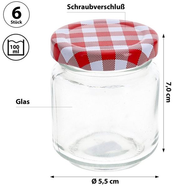 CEPEWA Einmachglas Einmachglas 6er Set 100ml 5,5x7cm Glas Metall Schraubdeckel rot-weiß