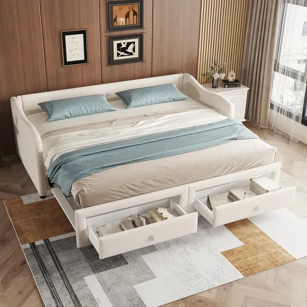 Schlafsofa mit Bettfunktion, Schubladen, Ausziehbett, 90x200 cm/180x200 cm, Einzelbett/Doppelbett, Leinen