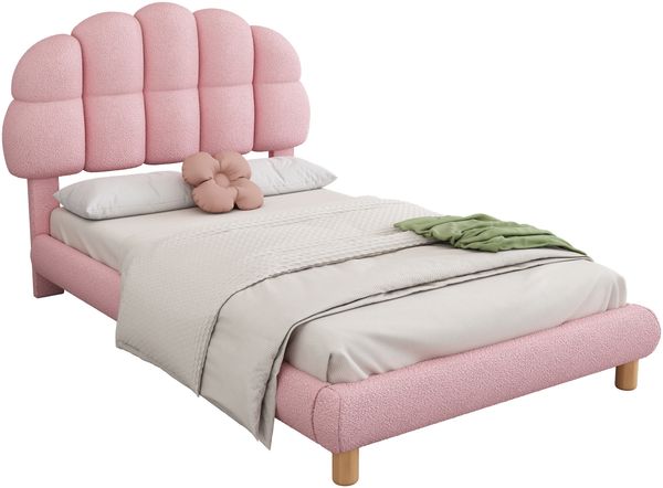 Polster Einzelbett 90x200cm Rosa Boucle Stoff Kinderbett Jugendbett mit verstellbarem Halbkreis-Kopfteil & Lattenrost