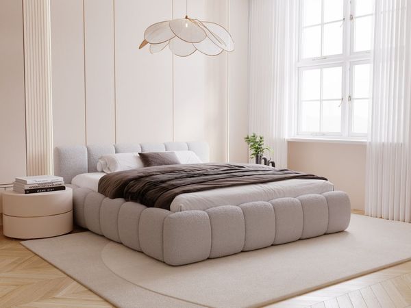 GRAINGOLD Cloud Low Bett 180x200, Polsterbett mit Bettkasten und Lattenrost, Bouclé-Stoff, Grau