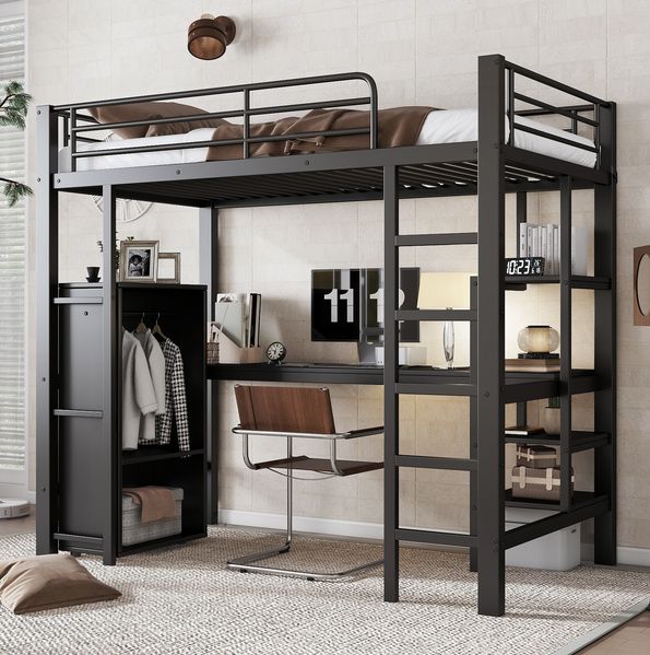 Etagenbett mit Schreibtisch & Kleiderschrank, 90x200 cm, Schwarz, ohne Matratze