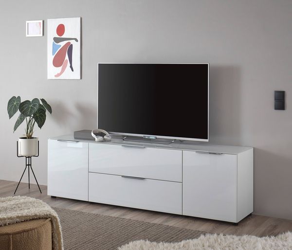 Stella Trading TV-Lowboard Santorin in Weiß, TV - TV Schrank für TV bis 65 Zoll mit viel Stauraum für Ihr Wohnzimmer - 180 x 55 x 40 cm (B/H/T)