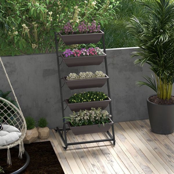 Outsunny Pflanzentreppe mit Rollen Töpfe (145 cm hoch Blumenständer, 1 St, 5-Etagen Pflanzenständer), für Garten Balkon, Braun