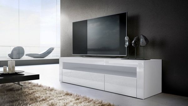 Vladon Lowboard Valencia, TV-Kommode mit 1 offenem Fach und 2 Klappen, Weiß/Weiß Hochglanz Element 3D Struktur/Weiß Hochglanz (155 x 46 x 40 cm)