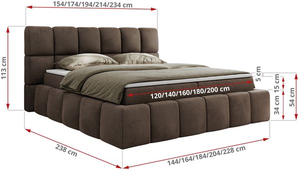 Boxspringbett mit dekorativem Kopfteil, Doppelbett mit zwei 7 Härtezonen Multipocket-Matratzen, Bettkästen, Polsterbett - NIRA - 140 x 200 cm - Braun Velours - H3 Bild 6