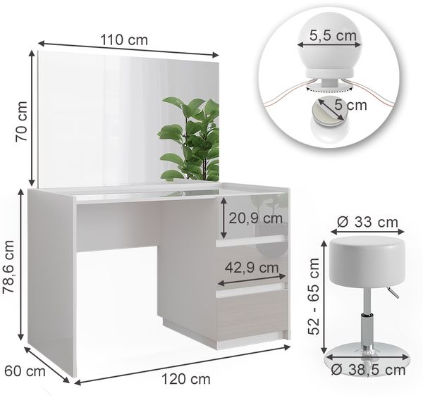 Schminktisch Marla Weiß Hochglanz 120 cm mit Spiegel, Hocker, LED-Lichterkette Vicco Bild 3
