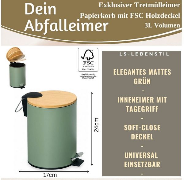LS-LebenStil Kosmetikeimer Tretmülleimer Papierkorb 3L Soft Close Rund Fußpedal Mülleimer, Kosmetik-Mülleimer Treteimer Bad Badezimmer Küche Mülleimer