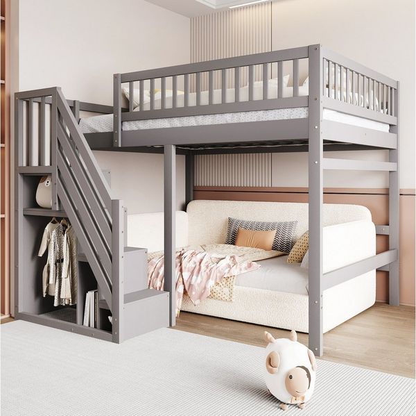 MODFU Etagenbett Massivholz Hochbett mit Aufbewahrungstreppe (Leiter mit Schrankfunktion, Bettgestell mit hoher Umzäunung, 140x200 cm), ohne Matratze