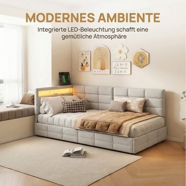 PXloue Polsterbett Daybett Tagesbett, Schlafsofa,2 Schubladen, Mit LED und USB-Ladeanschluss,90x200 cm