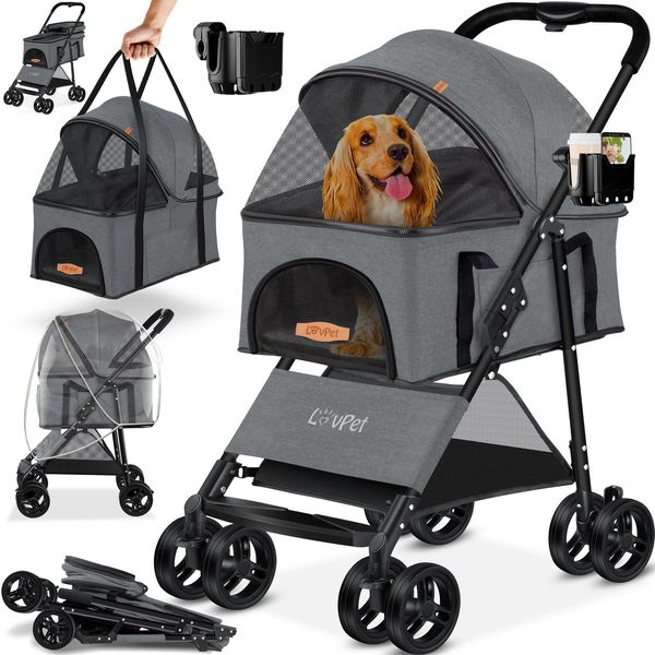 LOVPET® Hundewagen 2in1 Hundebuggy Hundebox Transporttasche Faltbar klappbar bis 20kg Haustiere Buggy mit Netzfenstern Getränkehalter, Regenschutzabdeckung & Kuscheldecke Jogger Buggy für Haustiere Anthrazit