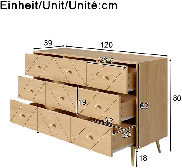 Kommode, Spanplatte mit Metallbeinen & 9 Schubladen, 120x39x80 cm, Natural Bild 3