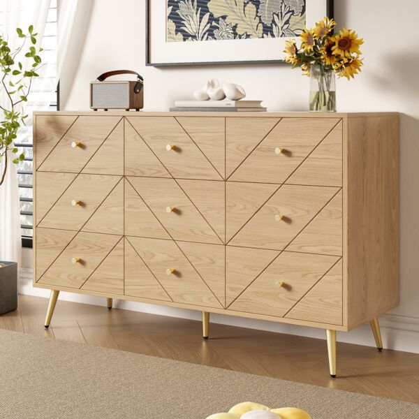 Kommode, Spanplatte mit Metallbeinen & 9 Schubladen, 120x39x80 cm, Natural