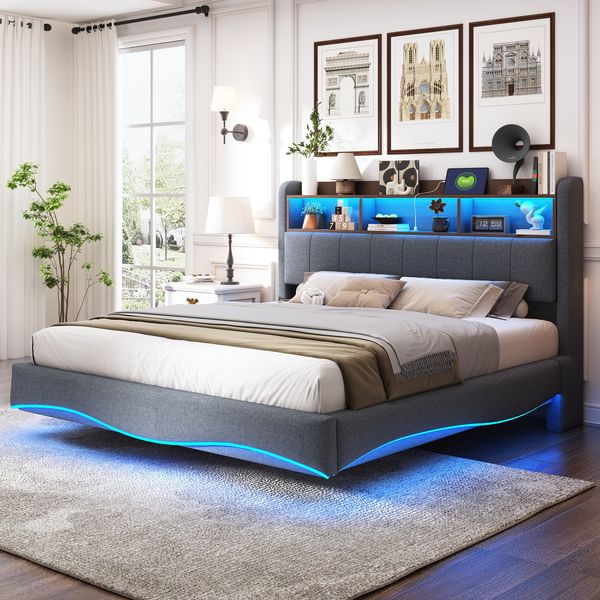 Polster-Schwebebett 160x200 cm mit LED-Farbwechsel, USB/Typ-C-Anschlüssen, Stauraum & Metallrahmen,Grau