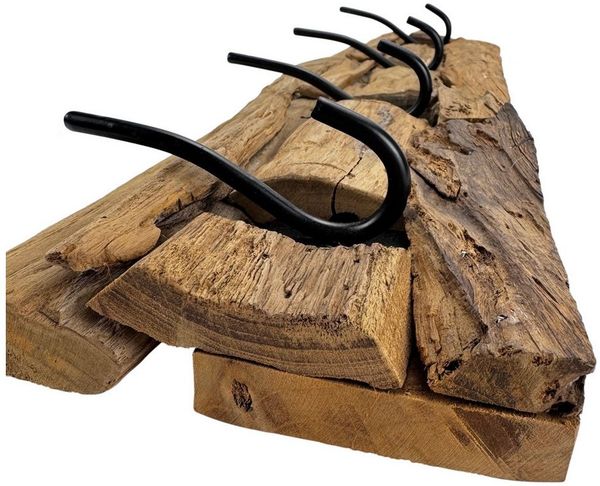 Online-Fuchs Garderobenleiste aus Teak Holz, Wandgarderobe mit 4 Haken aus Metall - 58 cm lang (rustikales Design, natürliche Optik), Treibholz-Look mit natürlicher Maserung und Rissen