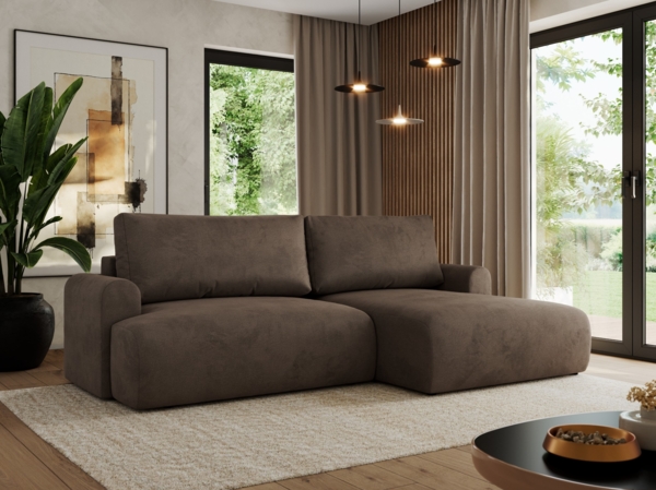 L-förmiges Ecksofa mit losen Kissen und Armlehnen für das Wohnzimmer, Ecksofa mit Schlaffunktion, Bettkästen - TONO - Braun Velours - rechte Seite