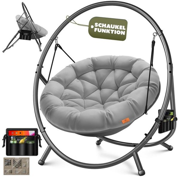 KESSER® Hängesessel mit Gestell BALI Hängeschaukel Hängestuhl bis 150kg für Indoor und Outdoor + Kissen & Seitentasche Hängekorb Stahlgestell & Schaumstoff Sitzpolster ideal für Wohnzimmer & Garten Grau