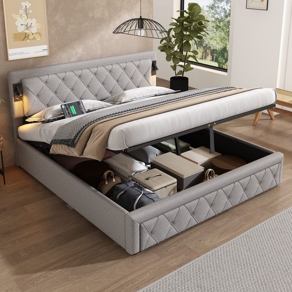 Polsterbett mit LED-Beleuchtung und Lattenrost, Kopfteil mit Spots, Type-C und USB Anschlüssen, 180x200 cm, gepolsterter Kopfteil, Doppelbett, Stauraumbett, Leinen