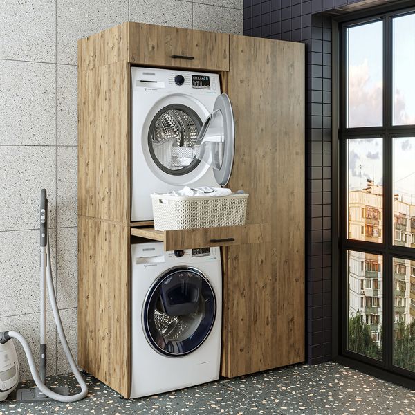 Roomart Waschmaschinenschrank & Trocknerschrank – SERIE DUO-I- 127 cm breit - Trockner auf Waschmaschine – Waschturm / Überbauschrank für Waschküche & Hauswirtschaftsraum – • Eiche