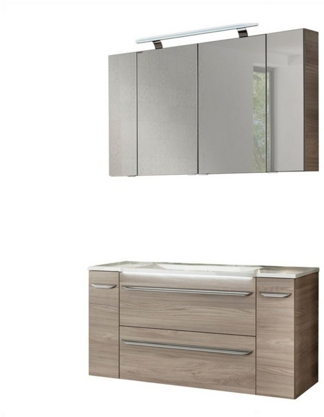 Fackelmann LUXOR Badmöbel Set 7-teilig 120 cm, Braun + LED-Spiegelschrank + Schränke verspiegelt + Unterschränke
