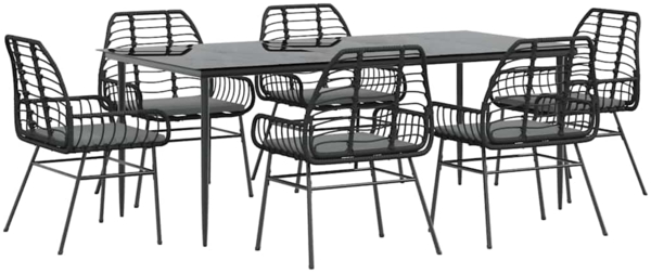 vidaXL 7-tlg. Garten-Essgruppe mit Kissen Schwarz Poly Rattan Glas 3334455