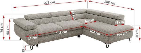 MKS Möbel 'Pablo L-Form' Ecksofa mit Schlaffunktion, verstellbare Kopfstützen, Hellgrau, Struktur, Visco Topper, Rechts Bild 7