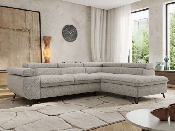 MKS Möbel 'Pablo L-Form' Ecksofa mit Schlaffunktion, verstellbare Kopfstützen, Hellgrau, Struktur, Visco Topper, Rechts