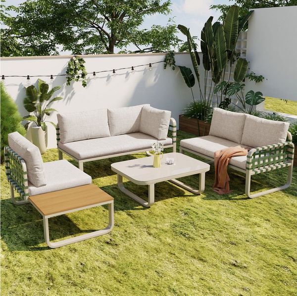 Flieks Gartenlounge-Set, 5-Sitzer Gartenmöbel, Couchtisch aus gehärtetem Glas, Grünes Rattan