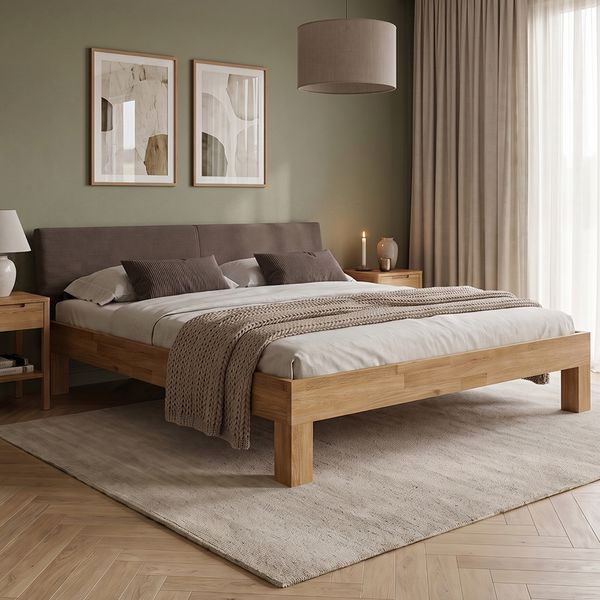 skølm 'Floki' Bett 180x200 cm mit Kopfteil Cord, dunkelbraun, Bettgestell, natur geölt, Massivholzbett aus Eiche, Doppelbett mit Bettkopf