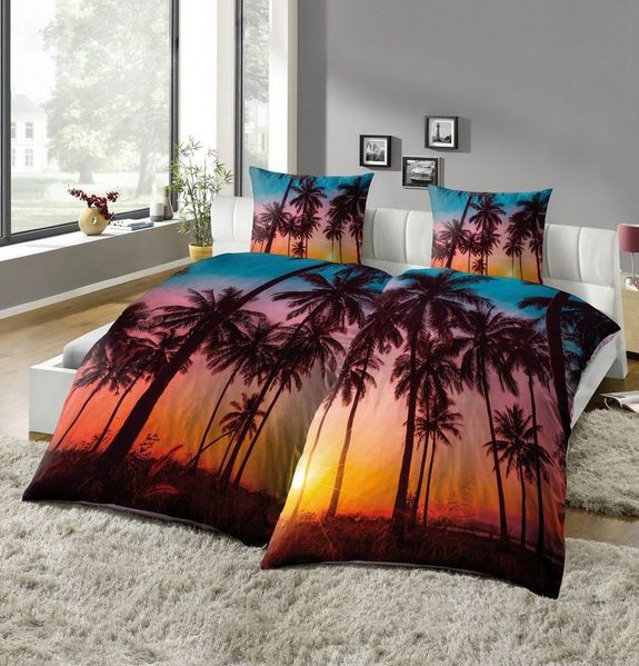 KiNZLER Partnerbettwäsche Partnerbettwäsche 4-teilig "Palme", Microfaser, 4 teilig, pflegeleicht, mit Motiv