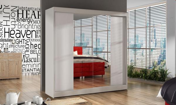 Schwebetürenschrank Basti II 200 cm mit Spiegel - Kleiderschrank, Schiebetürenschrank mit Kleiderstange und Einlegeboden, Schlafzimmerschrank, Schiebetüren, 200x215x58 cm (Weiß)