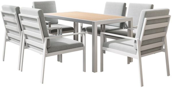 MeXo Gartenlounge-Set Lounge Gartenmöbelset Aluminium Wetterfest, (Garten Essgruppe für 6 Personen, 7-tlg, 6 Sessel, Esstisch 140x80x70 cm), 85 cm Rückenlehne, hoher Sitzkomfort