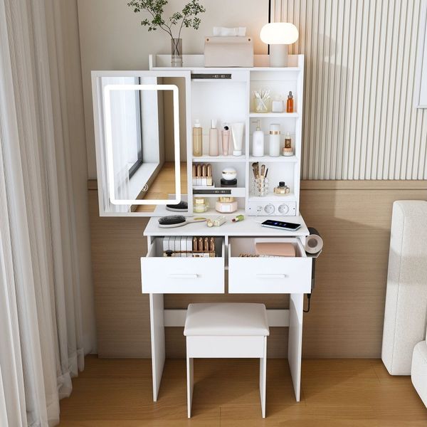BBWL Schminktisch Kleiner Schminktisch Weiß mit Spiegel, verstellbarer LED-Beleuchtung (mit Steckdose, Kompakter Schminktisch mit gepolstertem Hocker), Stauraum & Ablage für kleine Schlafzimmer, B60/H136/T36cm