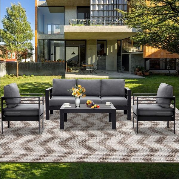 MeXo Gartenlounge-Set XXL Gartenmöbel Set Aluminium Outdoor, (Gartenmöbel Set, 4-tlg, 1×3-Sitzer Sofa, 2×Sessel, 1×Tisch, 10×Auflagen), wetterfest Sitzgruppe Essgruppe Gartengarnitur für 4-5 Personen