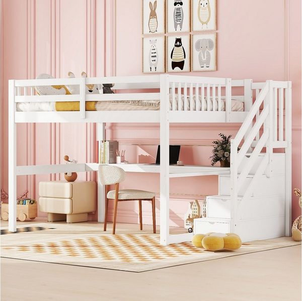 Flieks Hochbett Massivholz Etagenbett Kinderbett 140×200cm mit Treppe und Schreibtisch