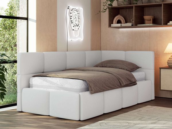 Jugendbett 90x200 ARVO Polsterbett mit Bettkasten, Stauraum & Gasdruckfeder, Modernes Design mit Kopfteil - Weiß Kunstleder - Rechts Seite