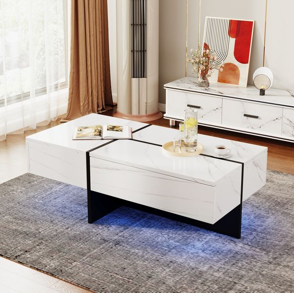 Couchtisch 100 x 50 x 34,5 cm mit 3 Schubladen und LED-Beleuchtung – Wohnzimmertisch in Weiß Hochglanz