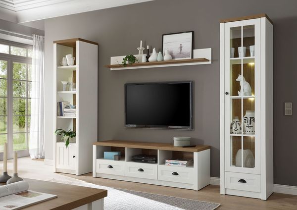 Landhaus Wohnwand Mediawand Anbauwand Wohnzimmer 260cm pinie weiß eichefarben hell