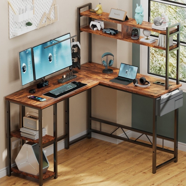 Furnicopia Eckschreibtisch 140 * 120cm Schreibtisch mit LED und USB L-förmiger Computertisch (Mit großem Ablagefach, USB-Ladeanschluss und Steckdose)