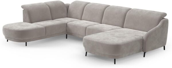 CAVADORE Wohnlandschaft Blue, Sofalandschaft mit Longchair im modernen Design, inkl. kopfteilverstellung, Vorziehsitz motorisch, Klapptisch, mattschwarzen Metallfüßen, Mikrofaser, Hellgrau