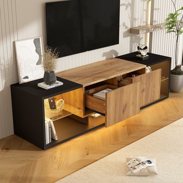 Merax Lowboard mit LED-Beleuchtung (1 St), TV-Schrank Fernsehschrank mit Glasablage und 2 Schubladen, 160 x 40 x 42 cm